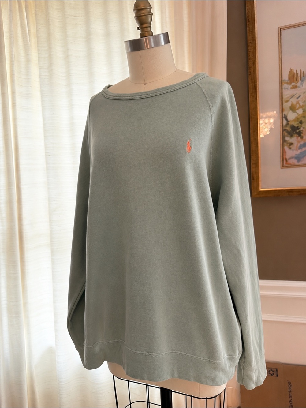 Polo by Ralph Lauren Sage Green Off-Shoulder Pullover with Orange Pony - Picture 2 of 11